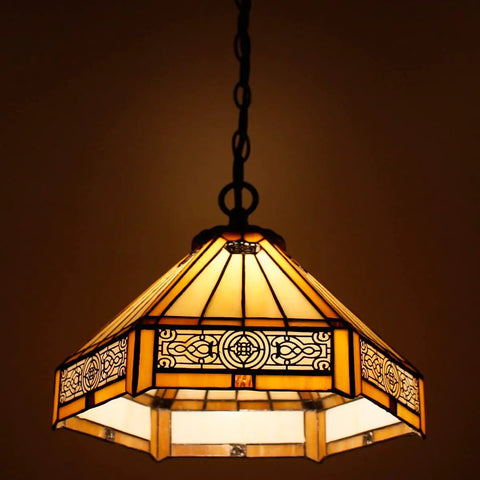 Lit Tiffany Style Pendant Light Hardwired Yellow Hexagon Stained Glass 12 Inch Mission Hanging Lamp S011 Series