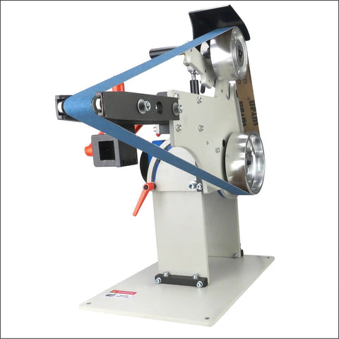 Kickass 1500 Watt Belt Sander With High Output Vfd Controller 72 By 2 Inch Wide Belt Grinder and Knife Sharpener Kit side view with blue sandbelt