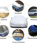 Six Layer SUV Car Cover With Custom Fit For Toyota RAV4 2006 Through 2025 All Weather Waterproof Rain Snow Sun UV Protection Heavy Duty Exterior Shield Silver showing various protection features like sunproof, snowproof, and dustproof.