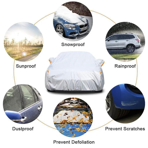 Six Layer SUV Car Cover With Custom Fit For Toyota RAV4 2006 Through 2025 All Weather Waterproof Rain Snow Sun UV Protection Heavy Duty Exterior Shield Silver showing various protection features like sunproof, snowproof, and dustproof.