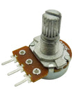 50K Ohm Linear Potentiometer with Knurled Shaft, showing 15mm length, 6mm diameter, and 7mm thread, suitable for audio electronics.