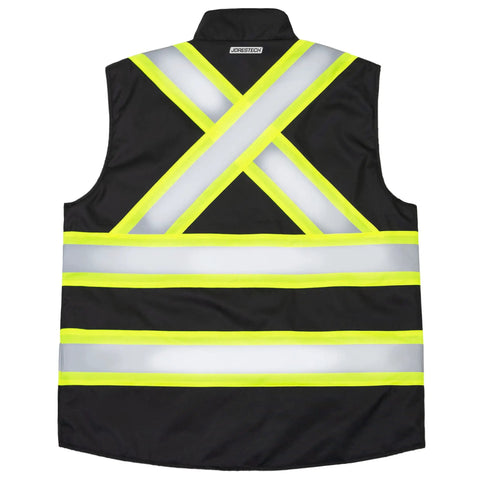 Reversible Insulated Safety Vest With X Back Reflective Tape Jobsite Ready Hi Vis Lime Side Meets ANSI ISEA 107 2020 Class 2 Type R And CSA Black Side Meets ANSI ISEA 107 2020 Class 1 Type O Durable Work Bodywarmer, black side with reflective X pattern