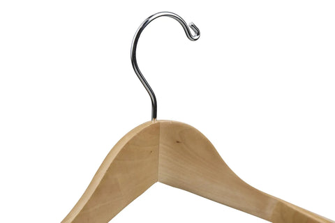 Close-up of a Natural Wooden Suit Hanger with Non Slip Bar and 360 Degree Swivel Hook for Men Heavy Duty Coat Hangers Smooth Finish