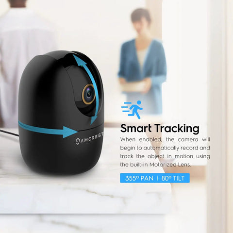 4MP WiFi Indoor Camera With Pan Tilt Zoom, Pet And Baby Monitor, Human And Pet Detection on a table with motion tracking graphics