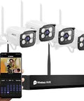 All In One Wireless Outdoor Security Camera System 1080P Night Vision 8 Channel NVR Kit With 4 Waterproof Cameras Indoor Outdoor Motion Alerts Remote Viewing Via Tuya App No Hard Drive Included.