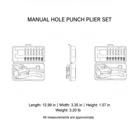 Illustration of Heavy Duty 16 Piece Manual Hole Punch Plier Set For Leather, Sheet Metal, Rubber And Plastic in a case