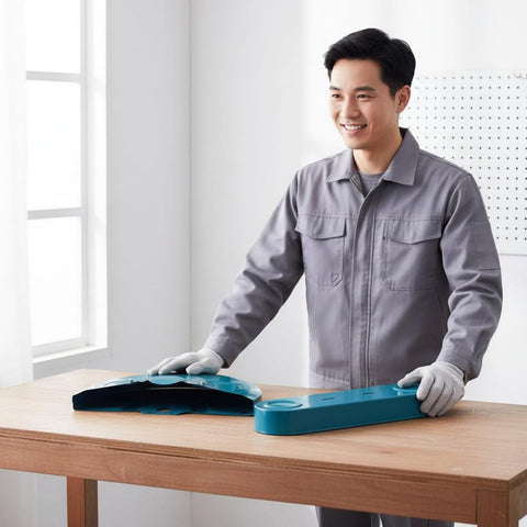 Worker with Heavy Duty Grinding Wheel Guard And Cutoff Gear For Steel Cutting Machines on table