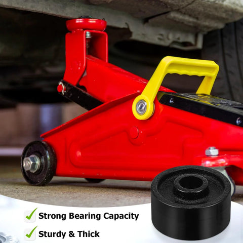 Front Wheel Replacement For Two And A Half Inch Iron Wheel For Two Ton Hydraulic Floor Jacks Heavy Duty Pro Grade Universal Roller Accessory With Professional Bearing For Horizontal Jack And RV Stabilization shown installed on a red floor jack.