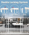 Extra Wide Auto Close Baby Gate by Pressure Mount for Stairs and Doorways with double locking system shown in living room