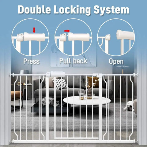 Extra Wide Auto Close Baby Gate by Pressure Mount for Stairs and Doorways with double locking system shown in living room