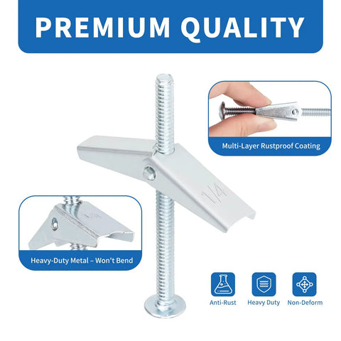 Heavy Duty Hollow Wall Anchors Kit For Drywall And Ceiling With Toggle Bolts And Wing Nuts 30 Piece DIY Ready, close-up of 1/4 inch metal anchor showing rustproof coating and durable construction for mounting.