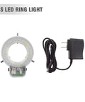 56S LED ring light for Pro Grade Trinocular Stereo Zoom Microscope With Three Point Five To Ninety Times Magnification Ten Times Widefield Eyepieces Zoom Objective Seven Tenths To Four Point Five Times With Point Five And Two Point Zero X Auxiliary Lenses Double Arm Boom Stand