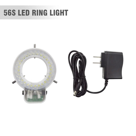 56S LED ring light for Pro Grade Trinocular Stereo Zoom Microscope With Three Point Five To Ninety Times Magnification Ten Times Widefield Eyepieces Zoom Objective Seven Tenths To Four Point Five Times With Point Five And Two Point Zero X Auxiliary Lenses Double Arm Boom Stand