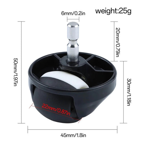 Roomba front wheel caster assembly, black plastic housing with white wheel and chrome stem