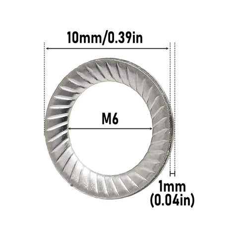 Premium M6 Lock Washers Double Sided 304 Stainless Steel with knurled teeth, 10mm diameter, 1mm thick.