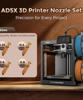 AD5X 3D Printer Nozzle Kit with 0.25mm 0.4mm 0.6mm 0.8mm nozzles, shown with a 3D printer and brass nozzle display
