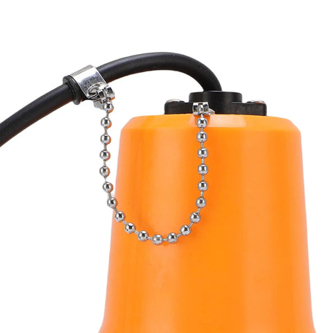Rugged Submersible DC Water Pump 45W Copper Motor Pushes 1110 Gph Fast showing orange housing, power cable, and safety chain.