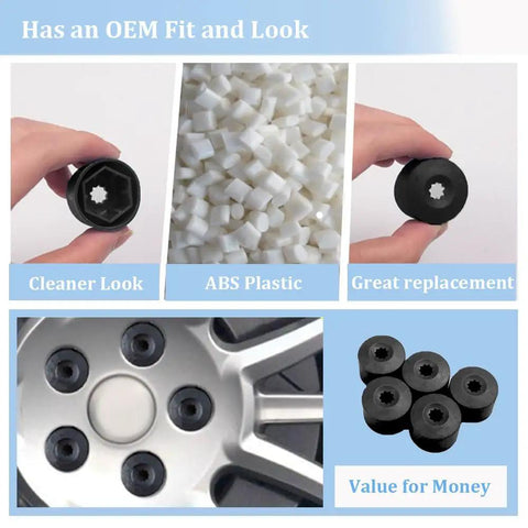 Close-up of VW 20 Piece Wheel Lug Nut Covers Caps With Removal Tool Replacement For Jetta Beetle Passat GTI CC Black Finish