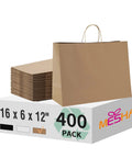 Bulk 400 Pack 16x6x12 Inch Kraft Paper Bags With Handles Reusable For Biz Grocery Birthday Wedding Kids Party And Favors Eco Friendly Recyclable Shopping Bags displayed on packaging with stacked kraft bags and large bag upright.