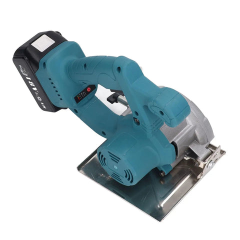 Pro Grade 18V Cordless Circular Saw Delivers Kickass Torque And Lightning Fast 11800 RPM Cuts Slices Hardwood With Ease Using A Rock Solid 4 Inch Blade Adjustable Bevel And Boss Level Handle, close-up view with battery.