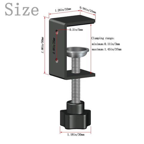 Four Pack 1 Inch Heavy Duty Mini C Clamps For Workbenches And Diy Projects, Black Rust Resistant Steel Desk Clamps With 0 To 1.38 Inch Clamping Capacity, Built Tough For Crafting And Pro Level Jobs., size diagram with clamping range and dimensions