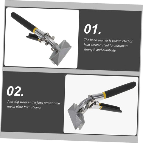 Manual Metal Bender Tool With Straight Jaw Hand Seamer Non Slip Grip For Bending And Flattening Sheet Metal displayed with features.