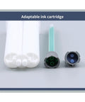 Adaptable ink cartridge showing two white containers and a green ink tube for versatile ink applications.