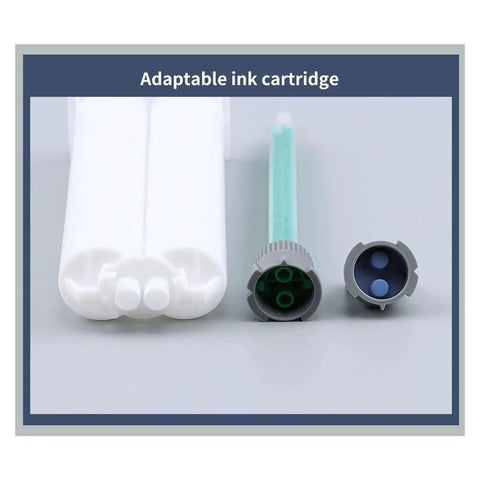 Adaptable ink cartridge showing two white containers and a green ink tube for versatile ink applications.