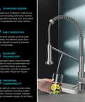 Heavy Duty Stainless Steel Pull Down Kitchen Faucet With Built In Water Filter, sleek design, single lever control, filling glass.