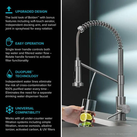 Heavy Duty Stainless Steel Pull Down Kitchen Faucet With Built In Water Filter, sleek design, single lever control, filling glass.