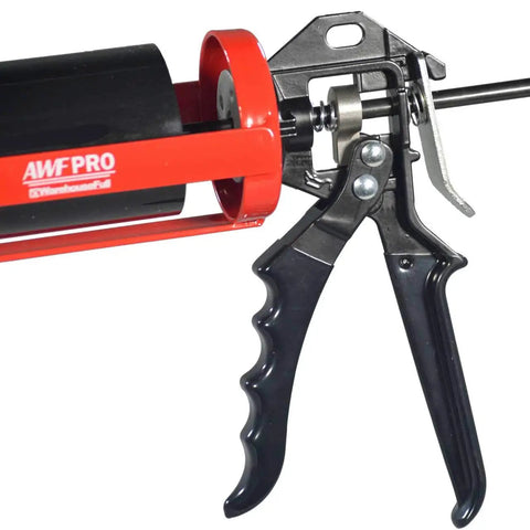 Mortar Pointing Gun For Brick, Cement, Stone, And Tile Grout, 1 Quart Capacity, 12 To 1 Thrust, close-up of handle and trigger