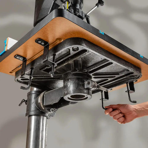 Beefy Drill Press Table And Fence for rock-solid, repeatable drilling, showcasing under-table clamp and T-track system close-up.