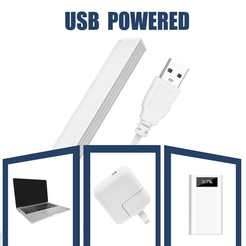 Image showing Two Pack LED Under Cabinet Lights Dimmable USB Powered for Closet, Bar, Counter and Desk, Perfect for Dorm Rooms and Work Tables With Magnetic Mounting and Included AC Plug, Easy Install and Energy Saving. The focus is on a USB-powered LED light with USB cable, laptop, charger, and power bank.