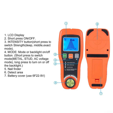 Minhe 7-in-1 Wall Detector with Smart Sensor | Handheld Stud Finder for Metal, Wood, AC Wire | LCD Display, Audio Alarm, Built-in Level showing buttons and LCD screen