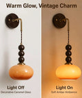 Flyrose Set of 2 Vintage Caramel Glass Wall Sconces Mid Century Modern Lamp with warm glow, light off and light on views.