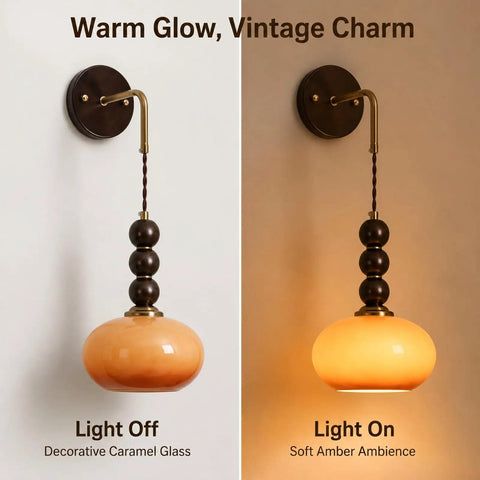 Flyrose Set of 2 Vintage Caramel Glass Wall Sconces Mid Century Modern Lamp with warm glow, light off and light on views.