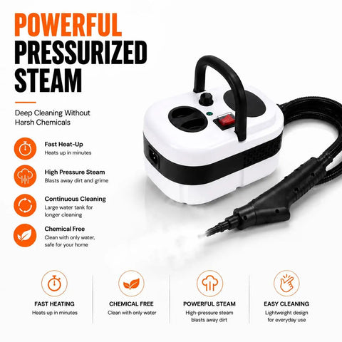 Pressurized Handheld Steam Cleaner Knocking Out Grease And Grime Like A Boss, featuring controls and a steam nozzle.