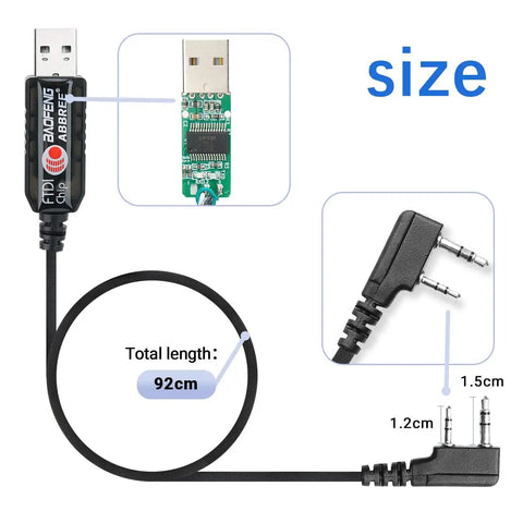 FTDI USB Programming Cable For Ham Radio With Original FTDI Chip showing length and detailed plug views