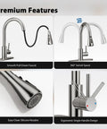 Premium features of Top Shelf Brushed Nickel Kitchen Faucet With Pull Down Sprayer And Three Spray Modes Built From Solid Stainless Steel.