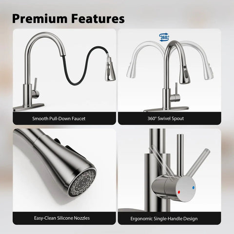 Premium features of Top Shelf Brushed Nickel Kitchen Faucet With Pull Down Sprayer And Three Spray Modes Built From Solid Stainless Steel.
