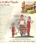 10 Year Survival Garden Seed Kit With 25K Plus Open Pollinated Heirloom Veggies Non GMO Waterproof Mylar Seed Bank Bags Free Clydes Garden Planner And Seed Vault Storage Drum Essential Homestead Seed Collection For Prep And Planting illustration with popular seed varieties list and family gardening scene.
