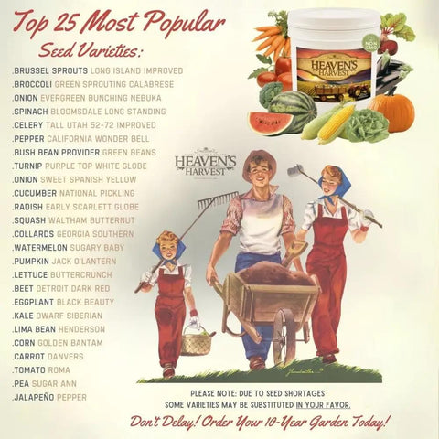 10 Year Survival Garden Seed Kit With 25K Plus Open Pollinated Heirloom Veggies Non GMO Waterproof Mylar Seed Bank Bags Free Clydes Garden Planner And Seed Vault Storage Drum Essential Homestead Seed Collection For Prep And Planting illustration with popular seed varieties list and family gardening scene.