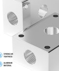 Close-up of 1/4 Inch Push To Connect Pneumatic Fittings Manifold Block Aluminum Splitter Pack Of 2 For PU PA PE PVC Tubing