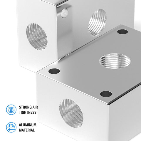 Close-up of 1/4 Inch Push To Connect Pneumatic Fittings Manifold Block Aluminum Splitter Pack Of 2 For PU PA PE PVC Tubing
