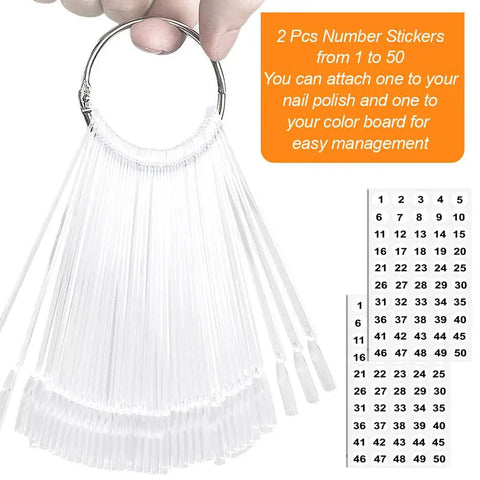 Hand holding 50 Piece Nail Swatch Sticks with Ring and Numbered Tips, Clear Fan Display for Nail Art Practice, number stickers shown