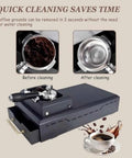 Professional Grade Electric 58 Mm Portafilter Cleaner With Automatic Puck Knock Box And Rapid Spin Handle Scraper For No Sweat Cafe Or Home Coffee Setup, before and after cleaning.