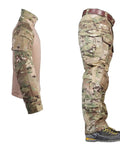 Built Tough Multicam Combat Pants With Padded Knees And Ten Spacious Tactical Pockets Breathable Cotton Polyester Blend Bdu Rig, side view.