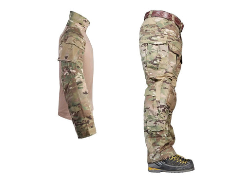 Built Tough Multicam Combat Pants With Padded Knees And Ten Spacious Tactical Pockets Breathable Cotton Polyester Blend Bdu Rig, side view.