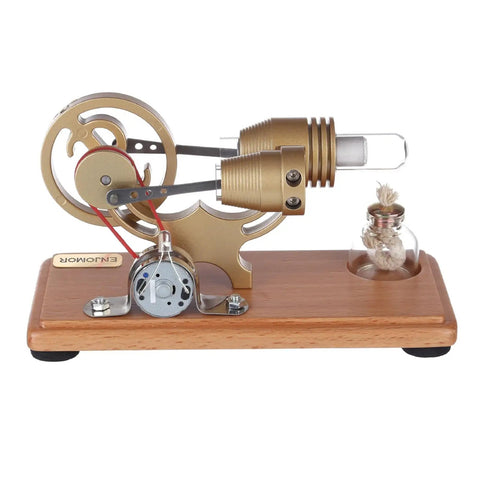 DIY Gamma-Shape Stirling Engine Kit With Generator And LED Lights, Bronze retro engine on wooden base, 6.30×2.36×2.93 in