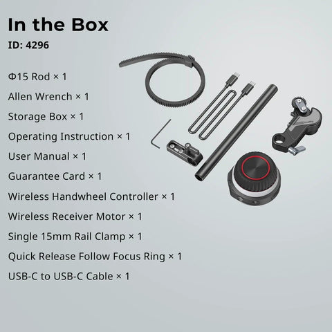Wireless Follow Focus Kit Lite With Dope Handwheel Controller And Receiver Motor, 15mm rod clamp, quick release ring, USB-C cable